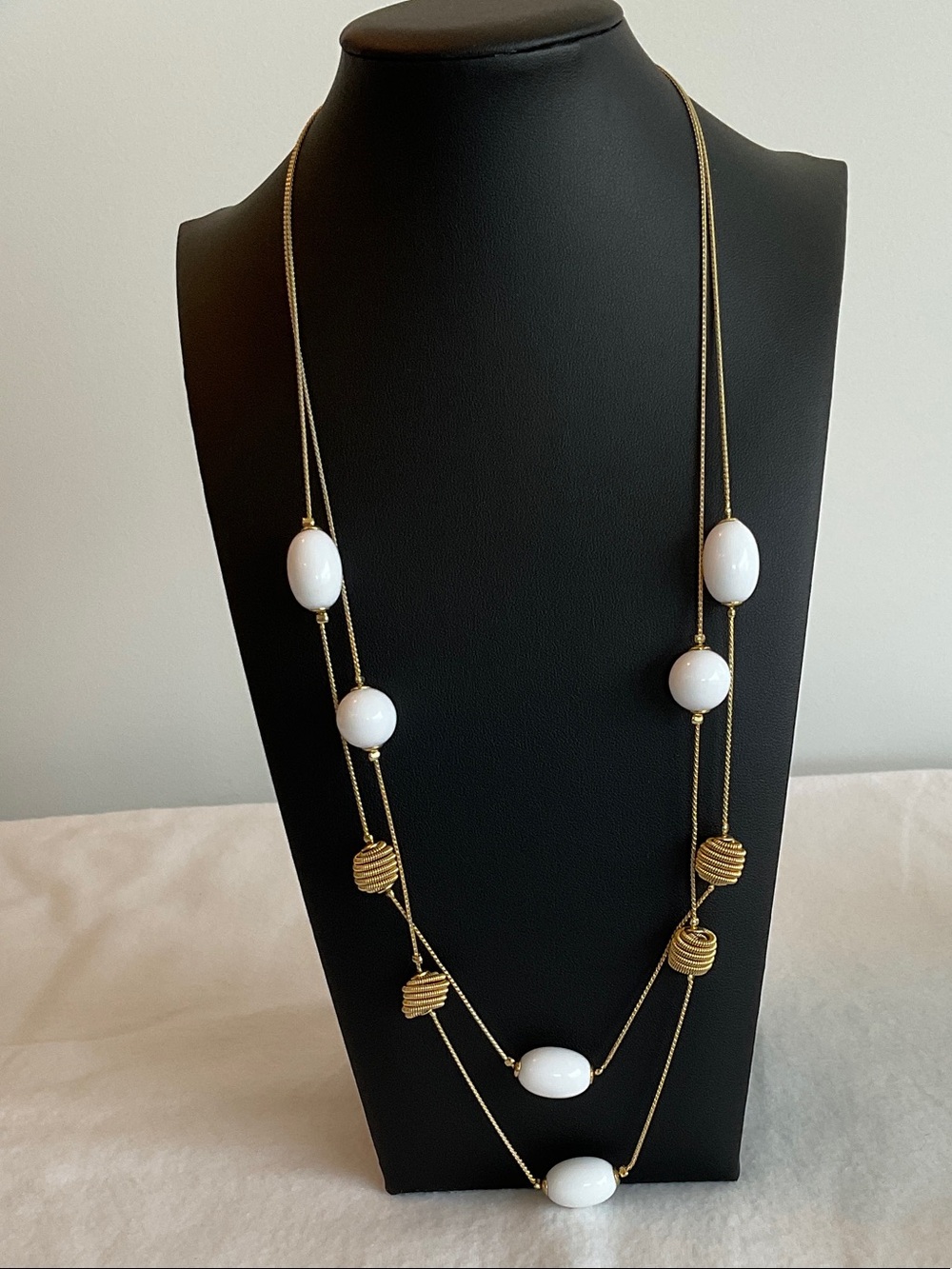 Long Gold Chain Necklace with White Beads